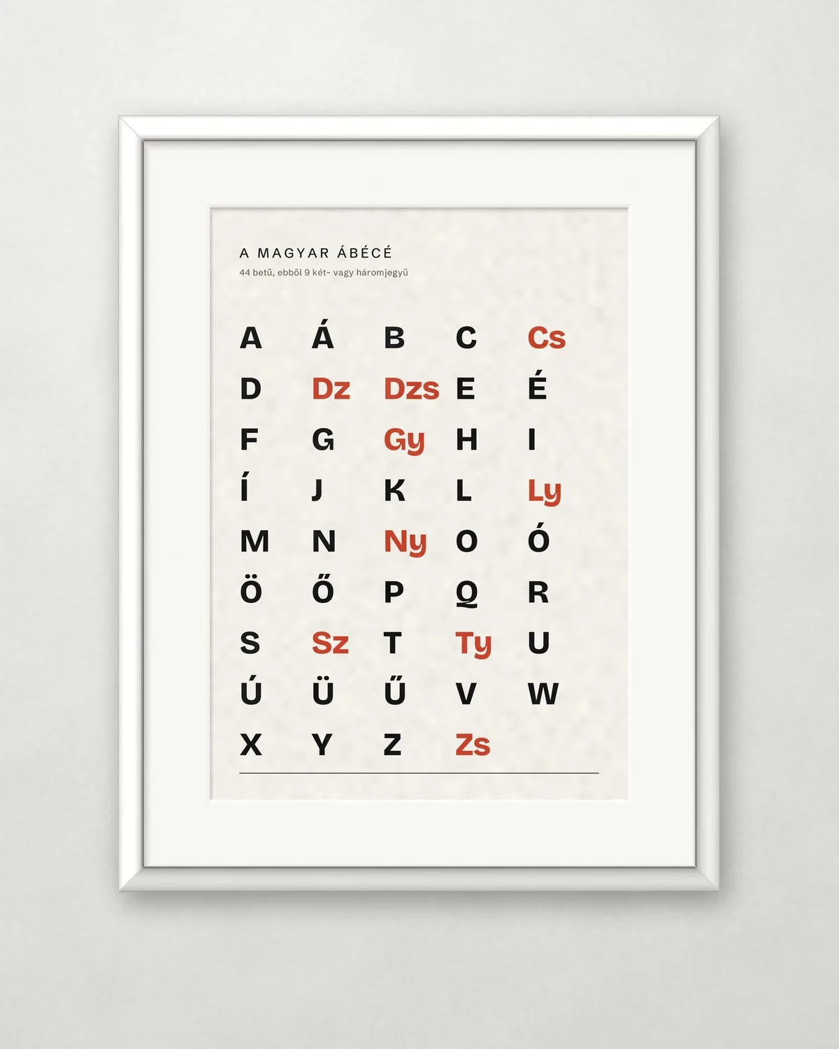 The Hungarian alphabet — 44 letters – A4 / Fehér
