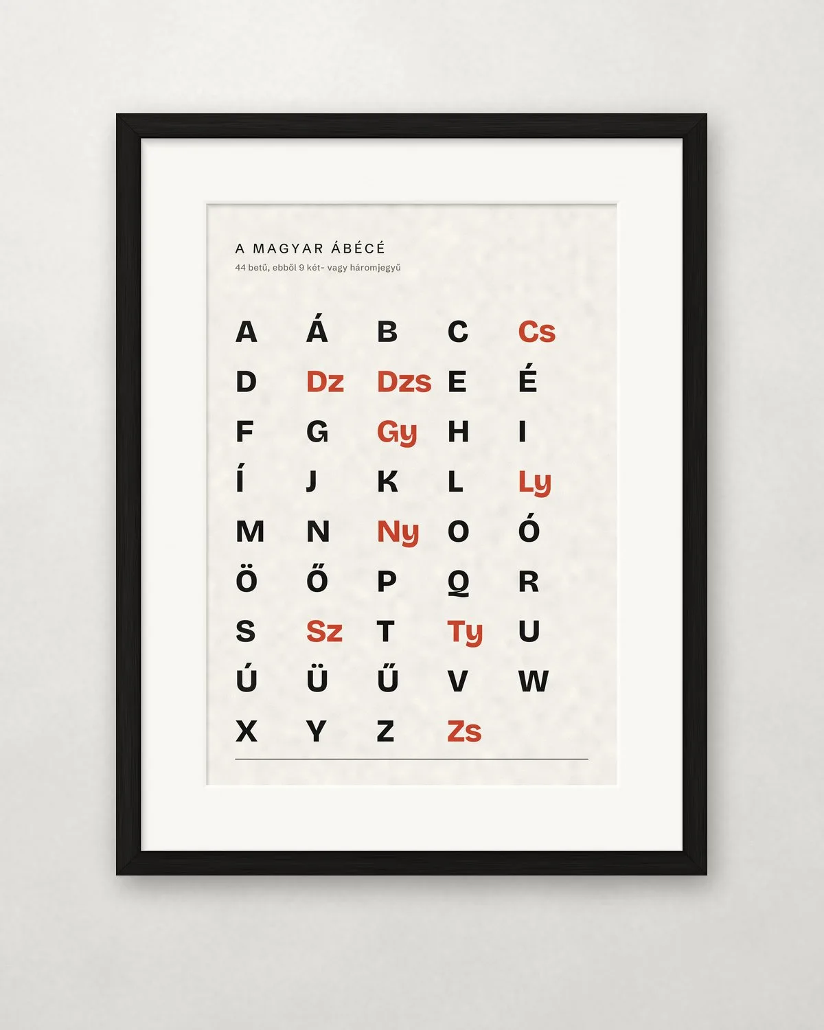 The Hungarian alphabet — 44 letters – A4 / Fekete fa